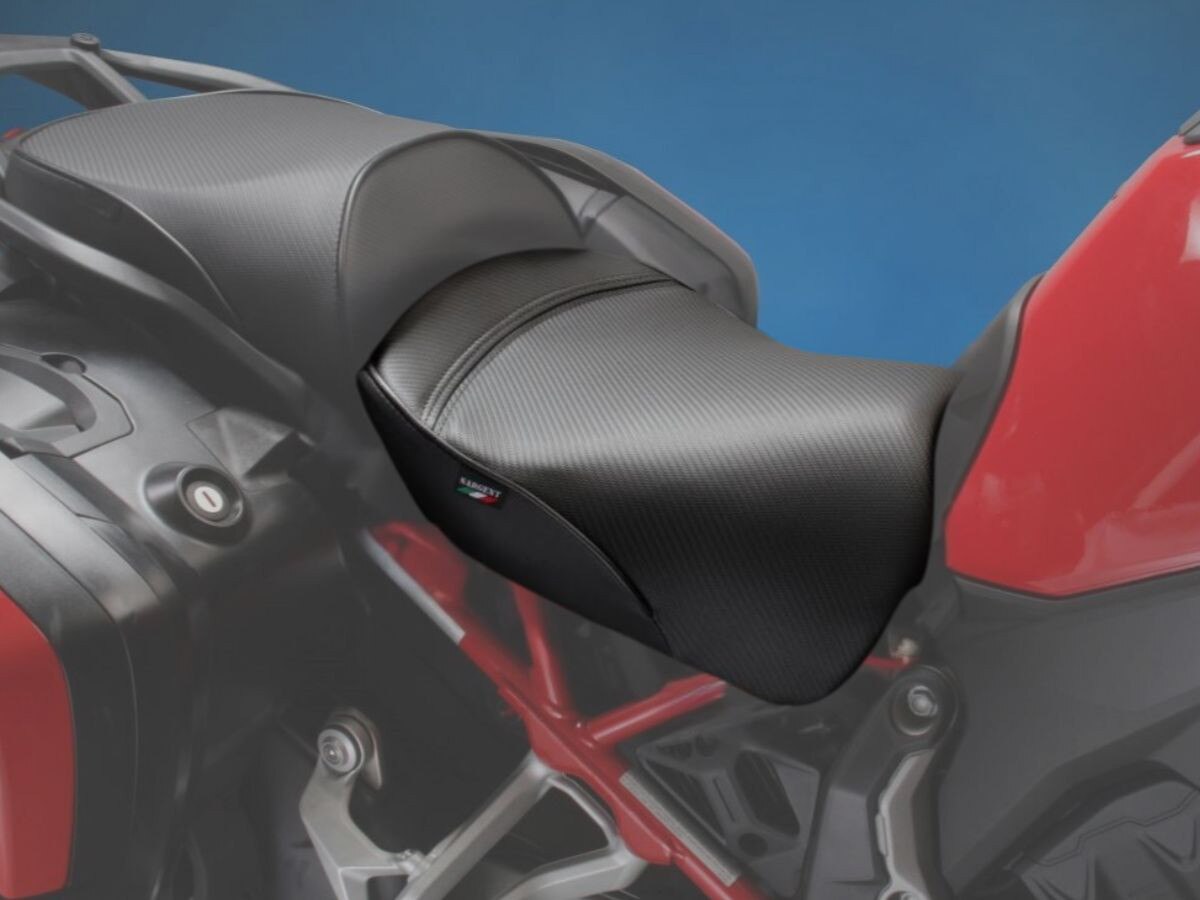 The Front Only Motorcycle Seat from Sargent for the Ducati Multistrada V4, shown with CFX / All Black.